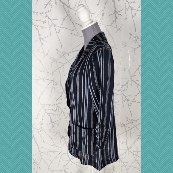 Ellen Tracy Navy Stripe 55% Linen Lightweight Unstructured Blazer - Picture 2 of 4